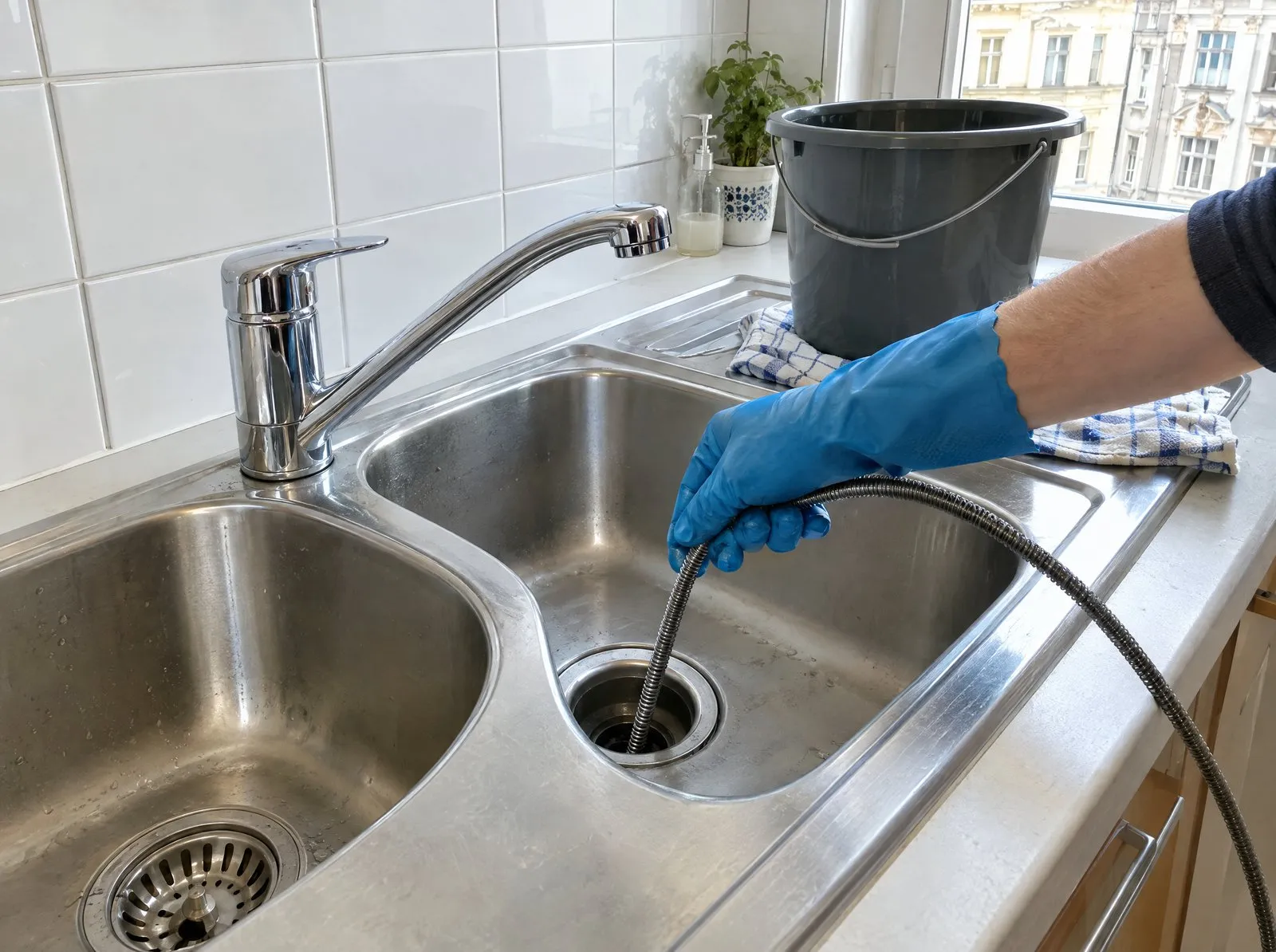 Reinigungsspirale im Abfluss einer Küchenspüle