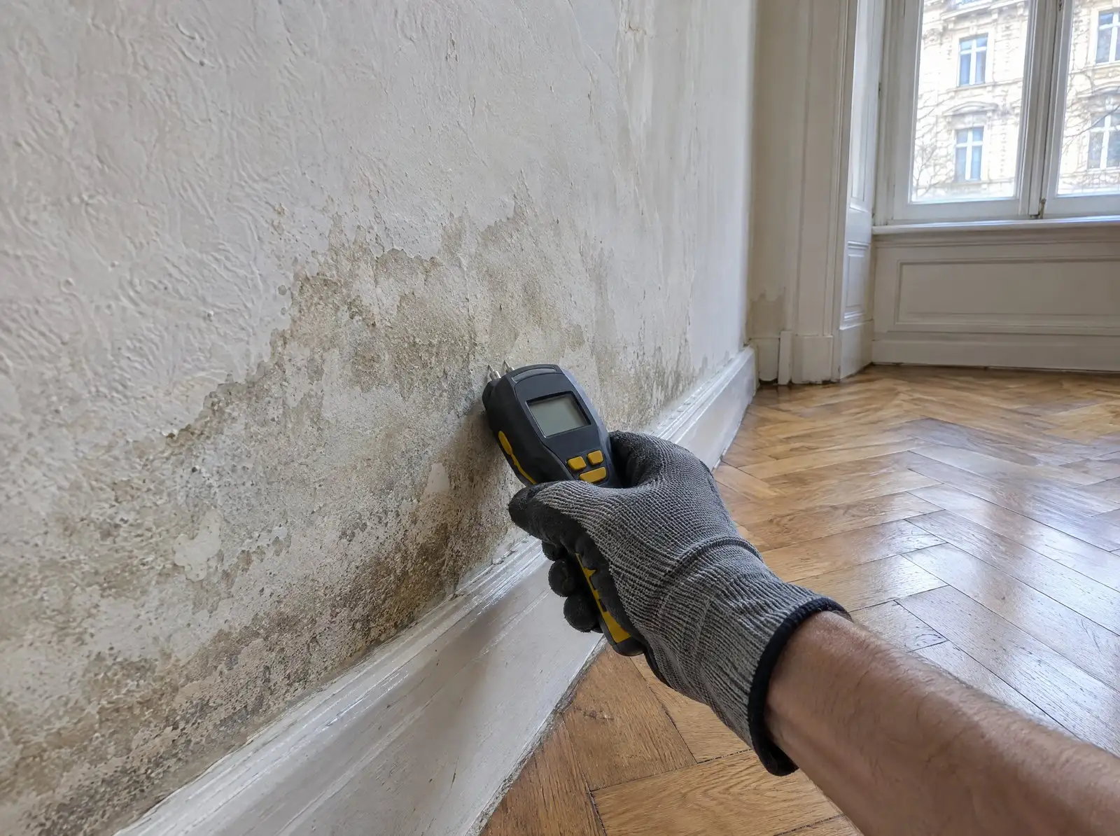 Feuchtigkeitsmessgerät an einer durchfeuchteten Wand in einem Wiener Altbau