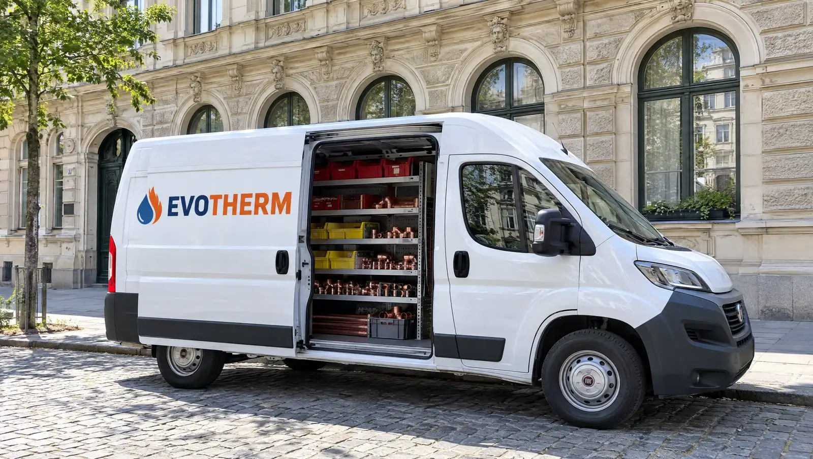 EVOTHERM-Firmenwagen mit offener Schiebetür vor einem Wiener Altbau