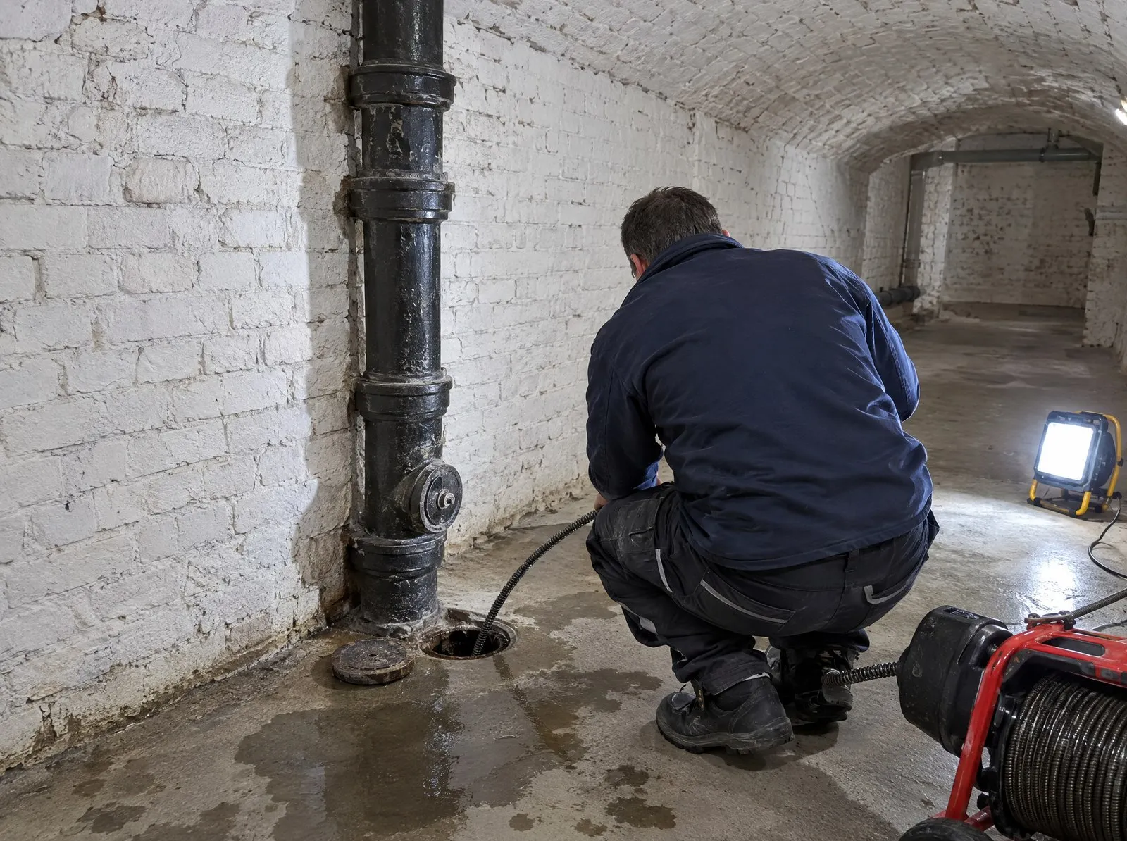 Installateur reinigt mit der Spirale die Grundleitung im Gewölbekeller eines Wiener Hauses