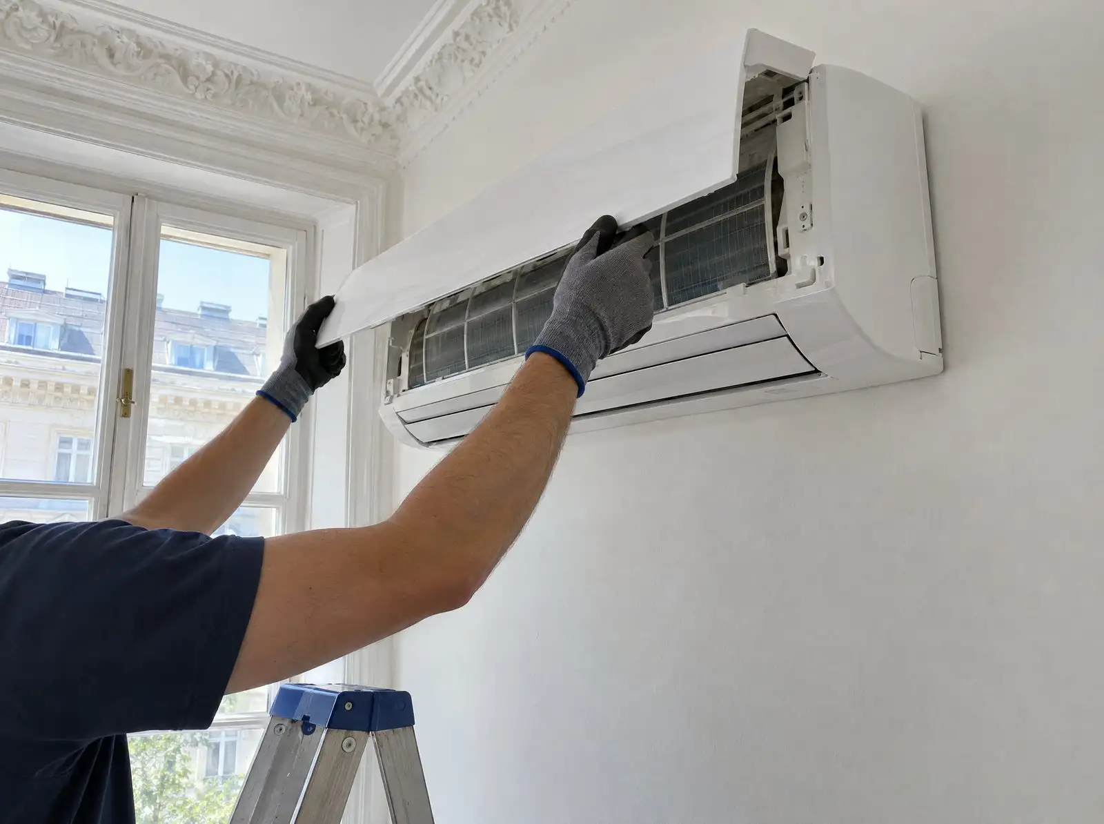Installateur öffnet die Abdeckung einer Klimaanlage in einem Altbau