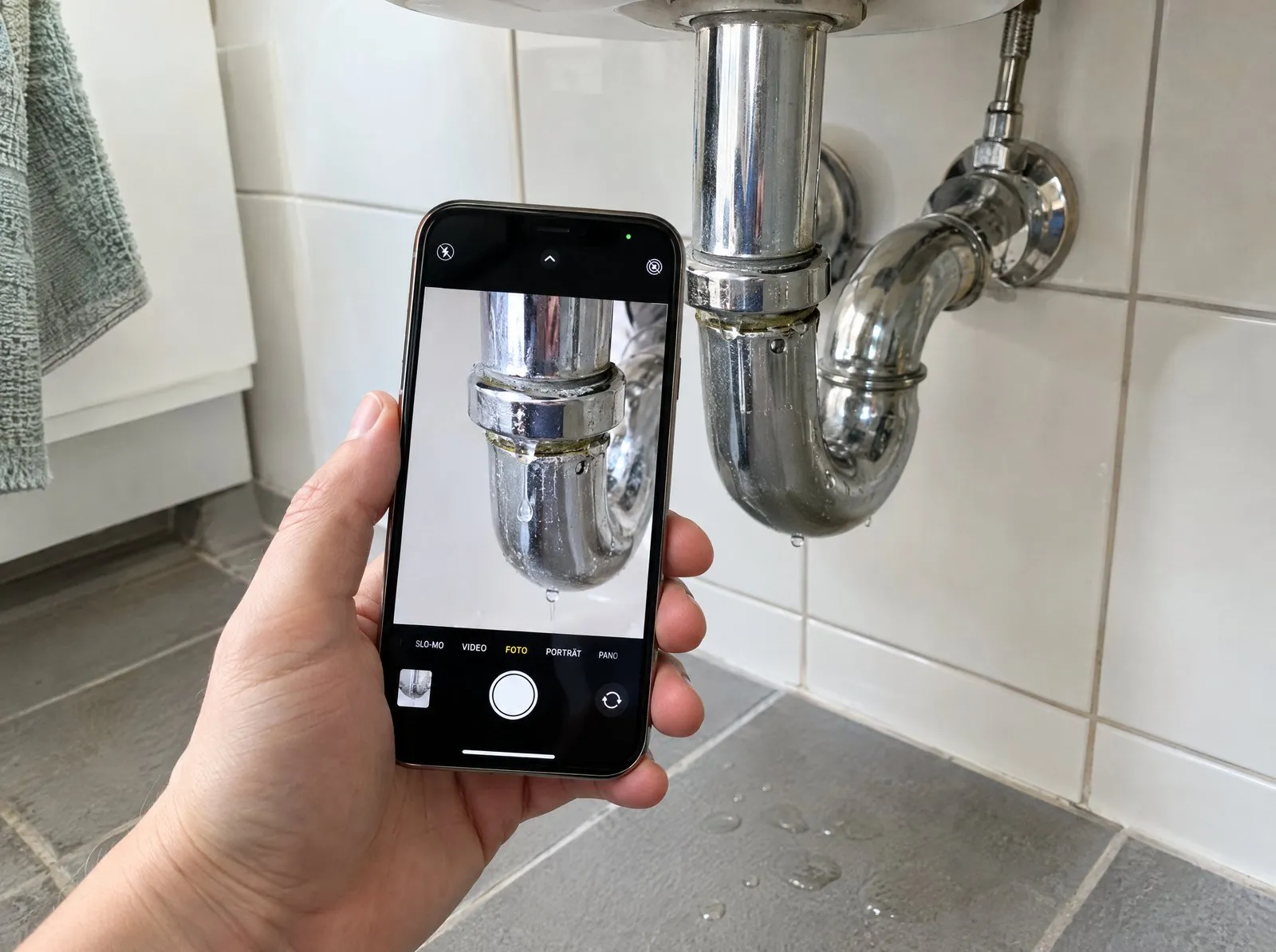 Undichte Stelle unter der Spüle wird mit dem Handy fotografiert