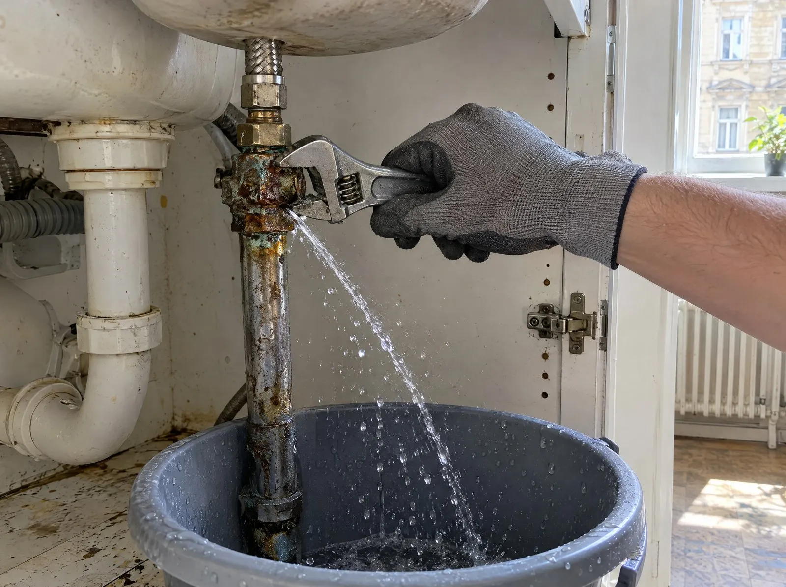 Wasser spritzt aus einer korrodierten Leitung unter der Spüle, ein Installateur setzt den Schlüssel an