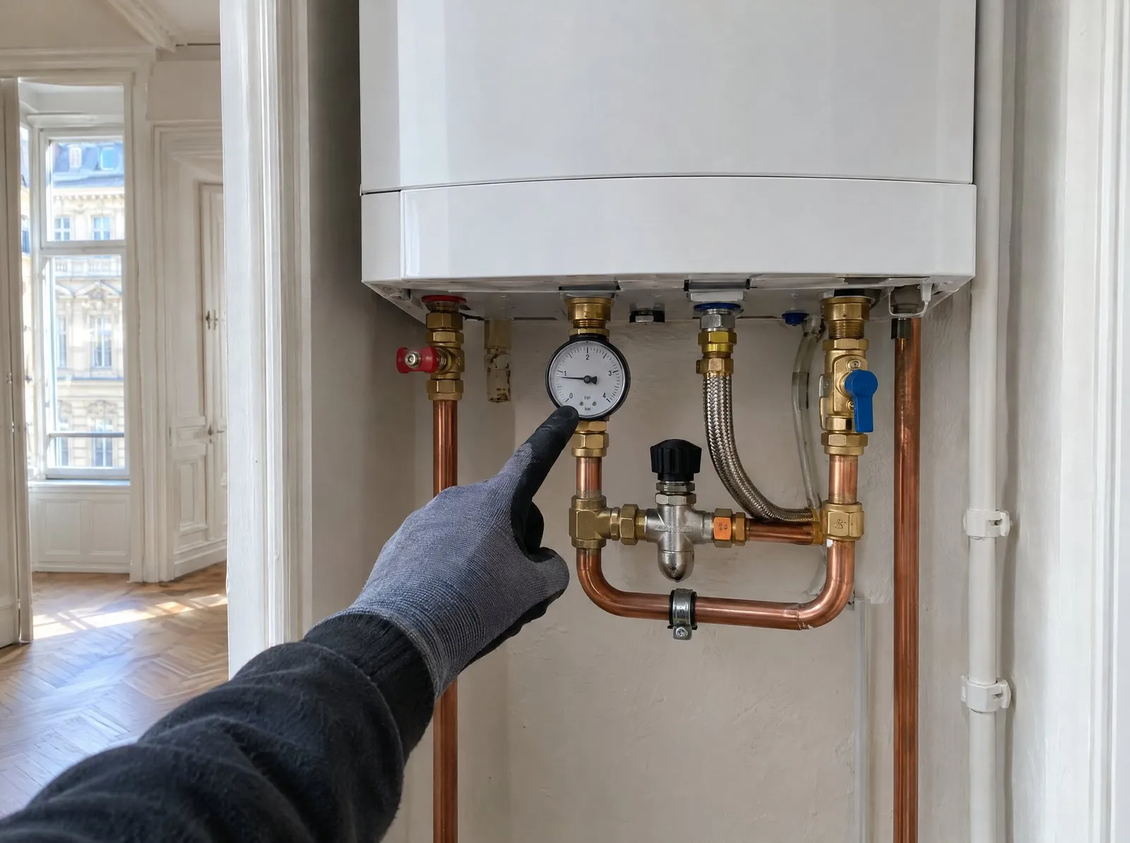 Installateur prüft das Manometer unter einer Wandtherme in einer Wiener Wohnung