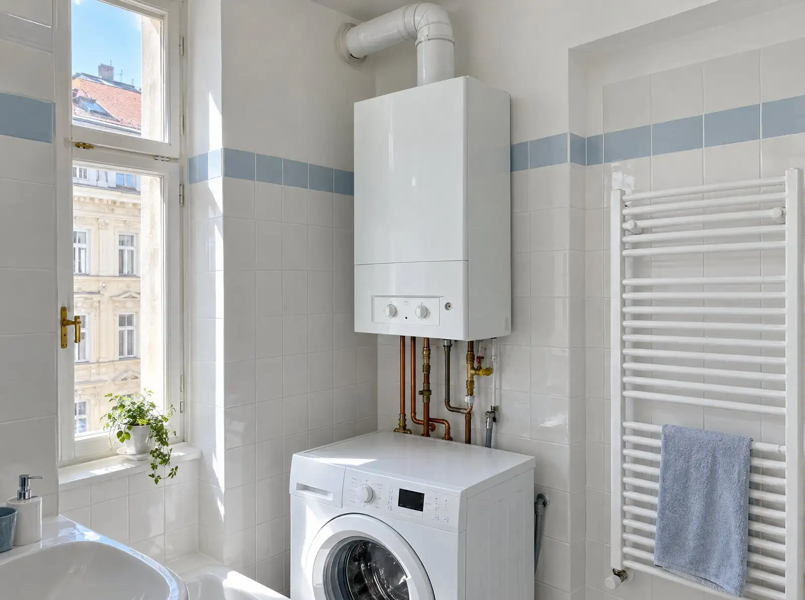 Wandtherme in einem Wiener Altbau-Bad über der Waschmaschine