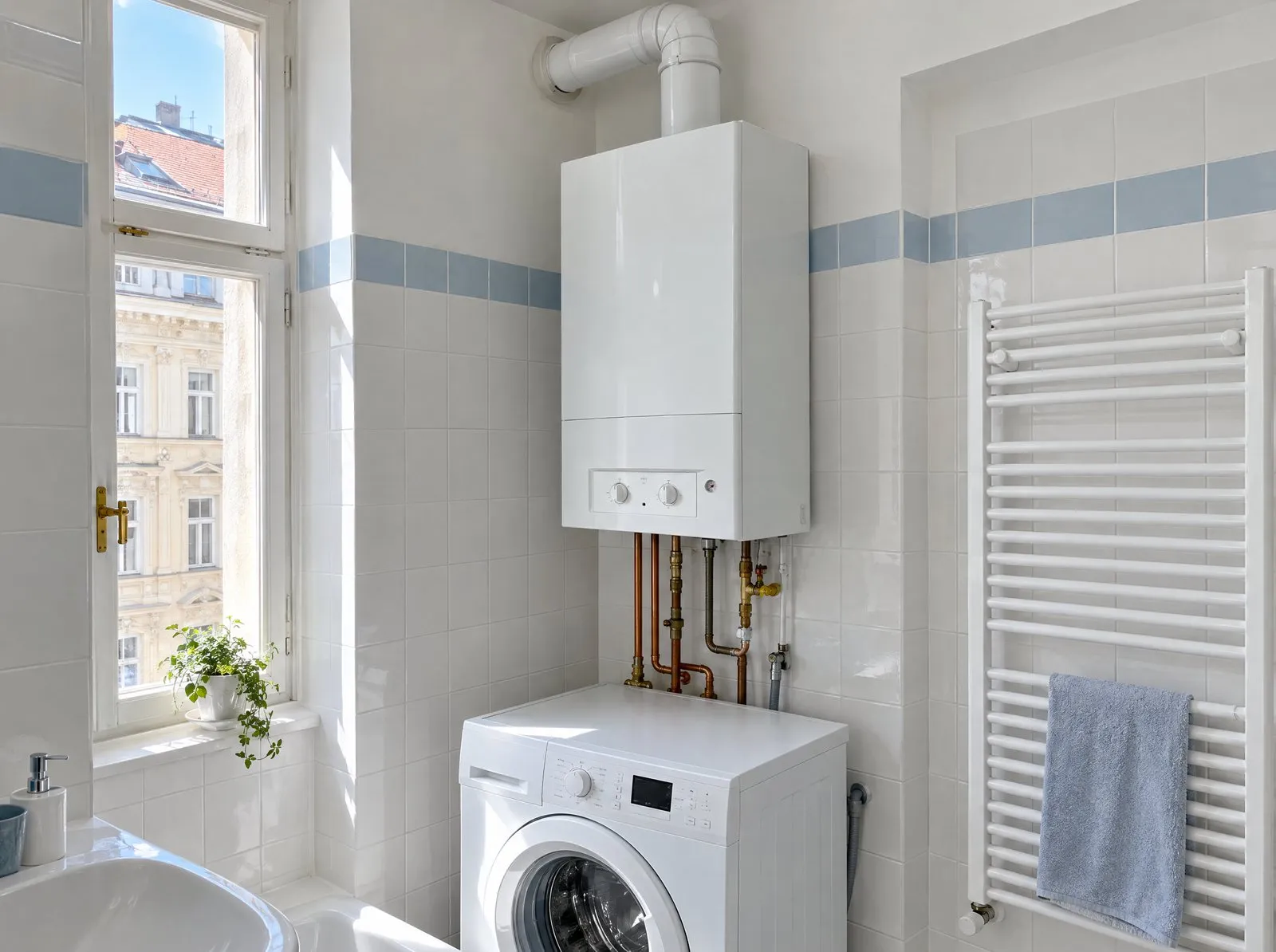 Wandtherme in einem Wiener Altbau-Bad über der Waschmaschine