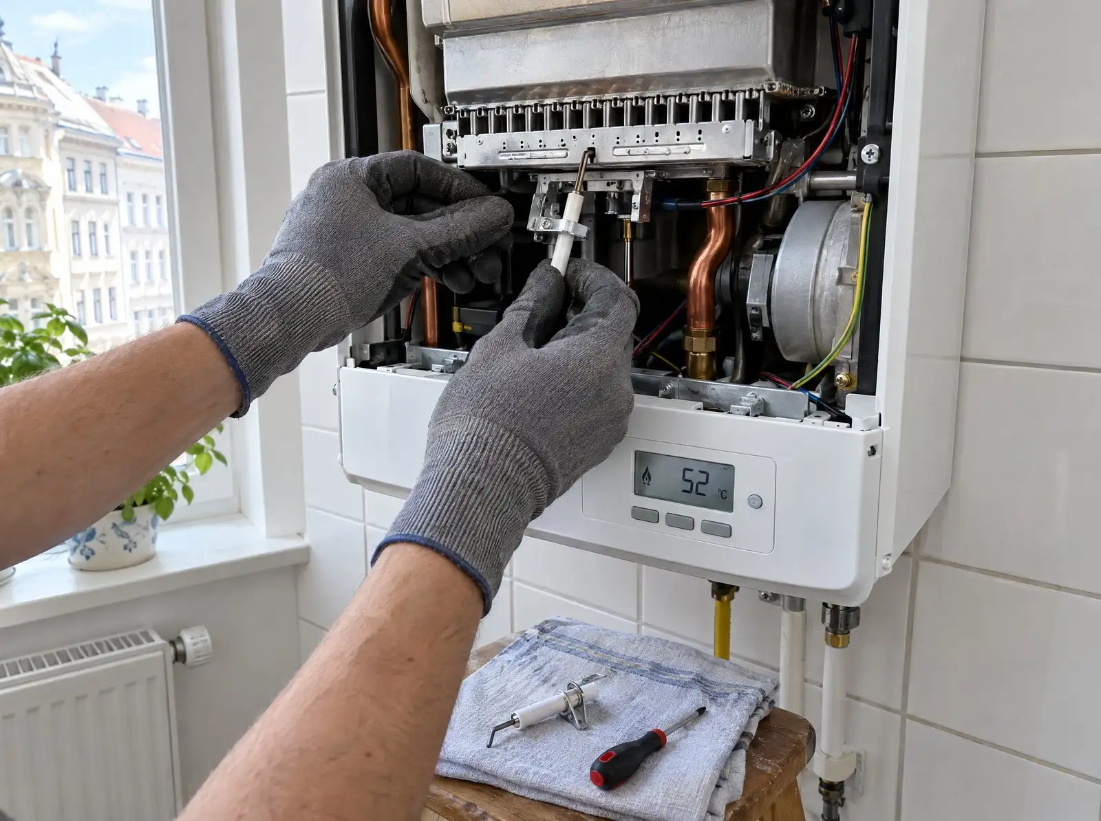 Installateur tauscht die Zündelektrode einer Gastherme