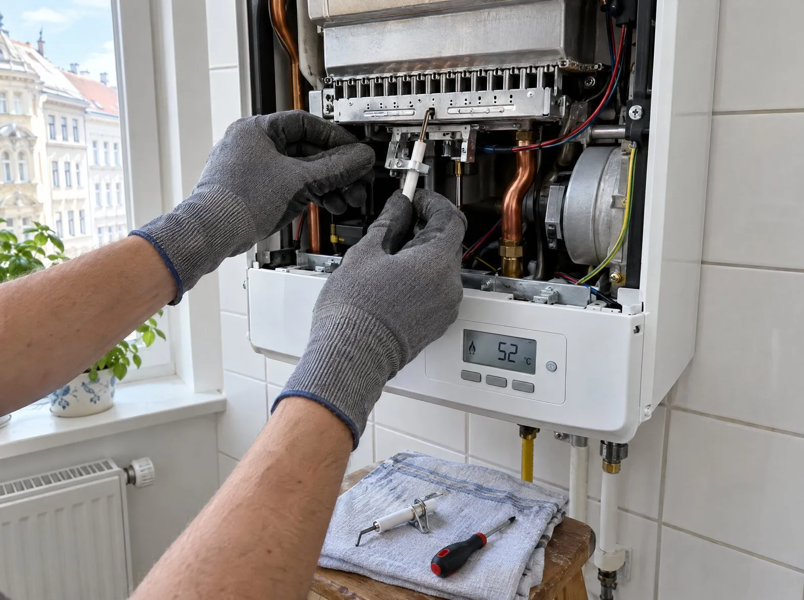 Installateur tauscht die Zündelektrode einer Gastherme