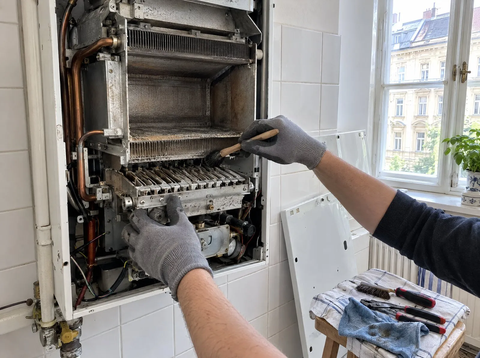 Gereinigter Brenner einer Gastherme bei der Wartung