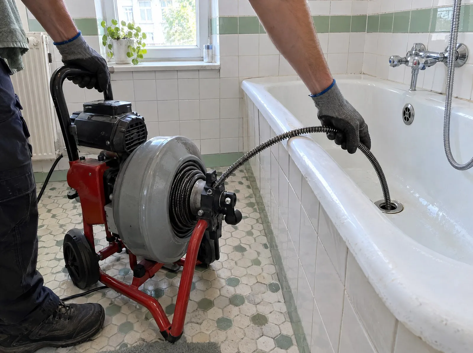 Installateur führt die Spirale einer Rohrreinigungsmaschine in den Badewannenabfluss