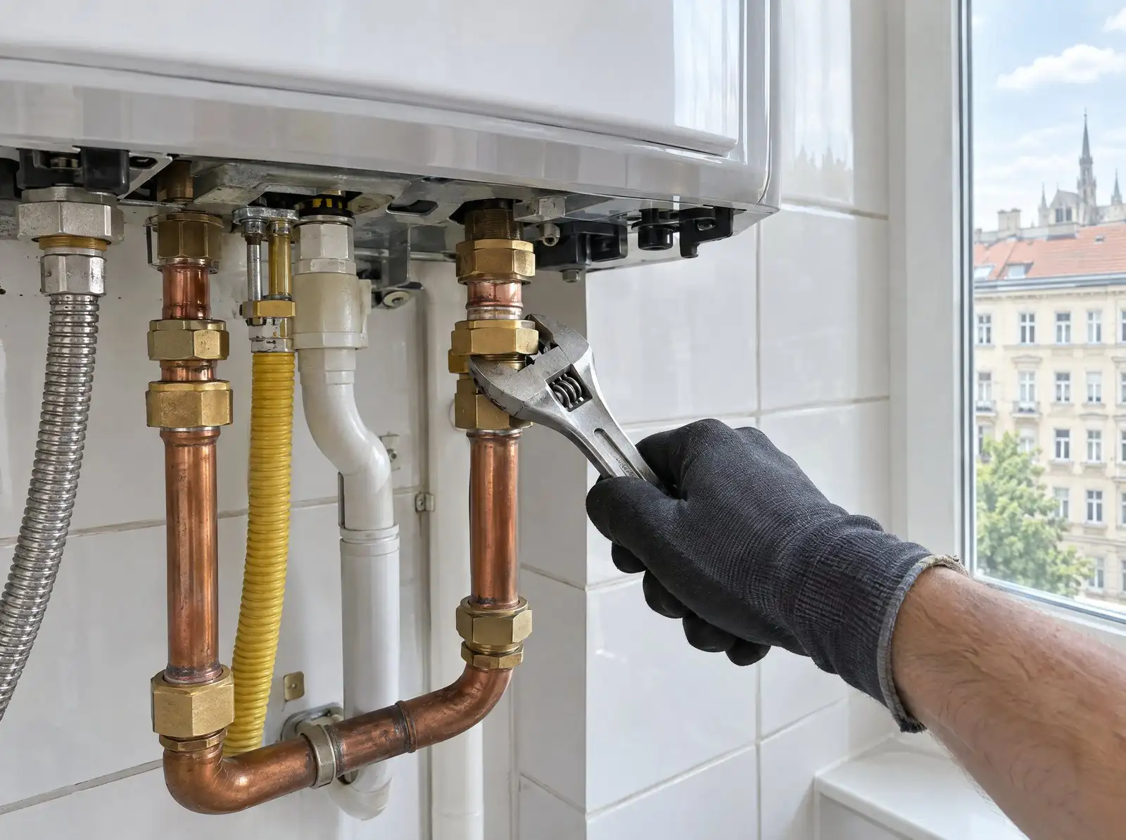 Installateur schraubt an den Anschlüssen unter einer Wandtherme