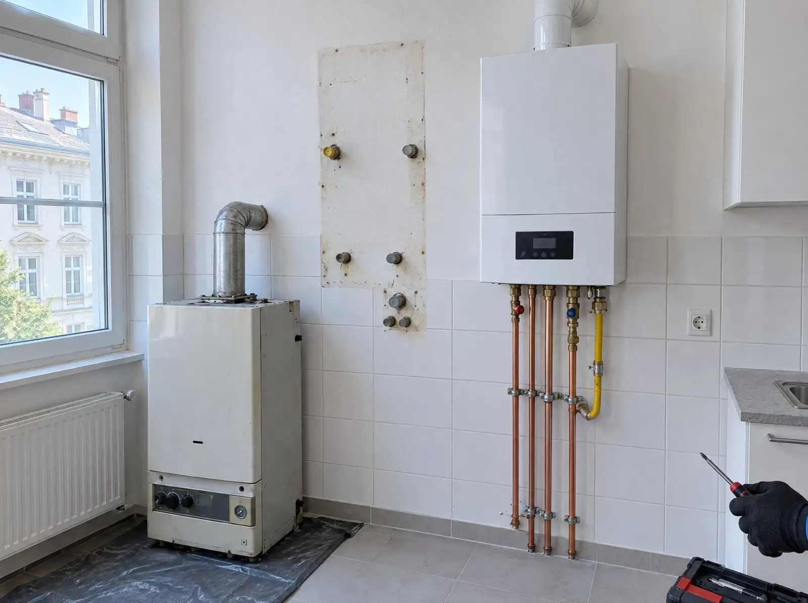 Neue Gastherme an der Wand, das Altgerät steht abgebaut daneben