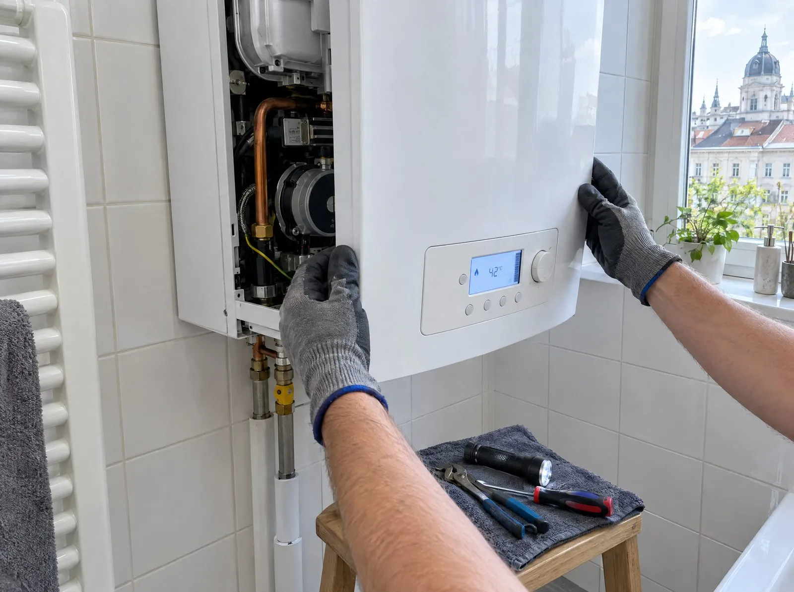 Installateur öffnet die Verkleidung einer Gastherme in einem Wiener Bad