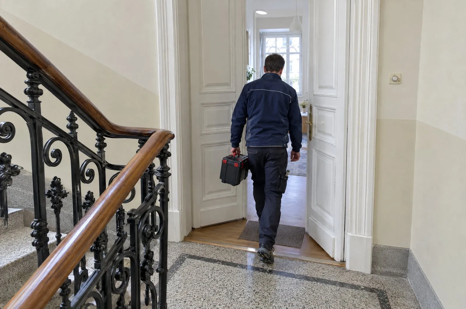 Installateur geht mit dem Werkzeugkoffer in eine Wiener Altbauwohnung