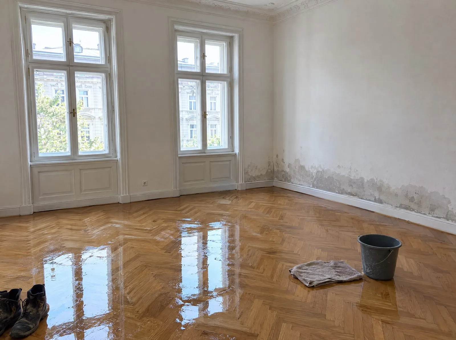 Wasser auf dem Parkett einer Wiener Altbauwohnung, die Wand dahinter ist durchfeuchtet