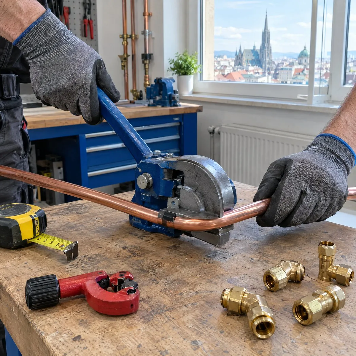 Hände biegen ein Kupferrohr auf der Werkbank in der Werkstatt